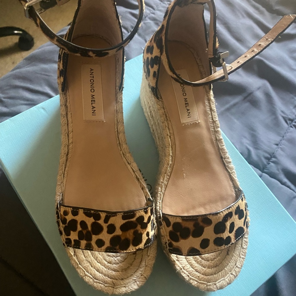 ANTONIO MELANI Leopard Print Espadrille Wedge Sandals - Tan and Black